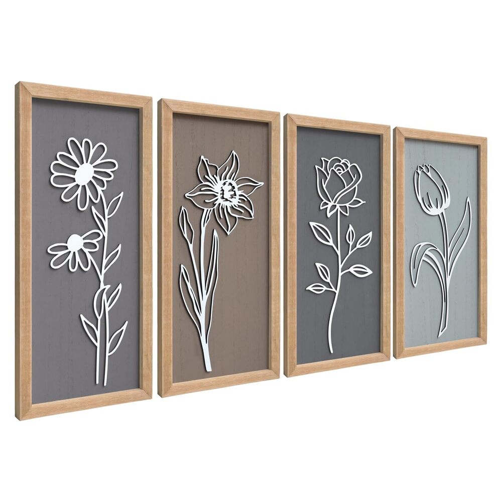 6916 3D Wooden Floral Framed Wall Decor of 4, 7"X16" Farmhouse Vintage Boho